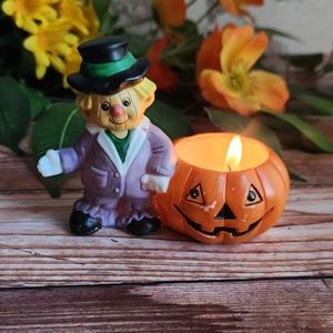 Vintage 90s Halloween Scarecrow Pumpkin Jack O Lantern Tealight Candle Holder